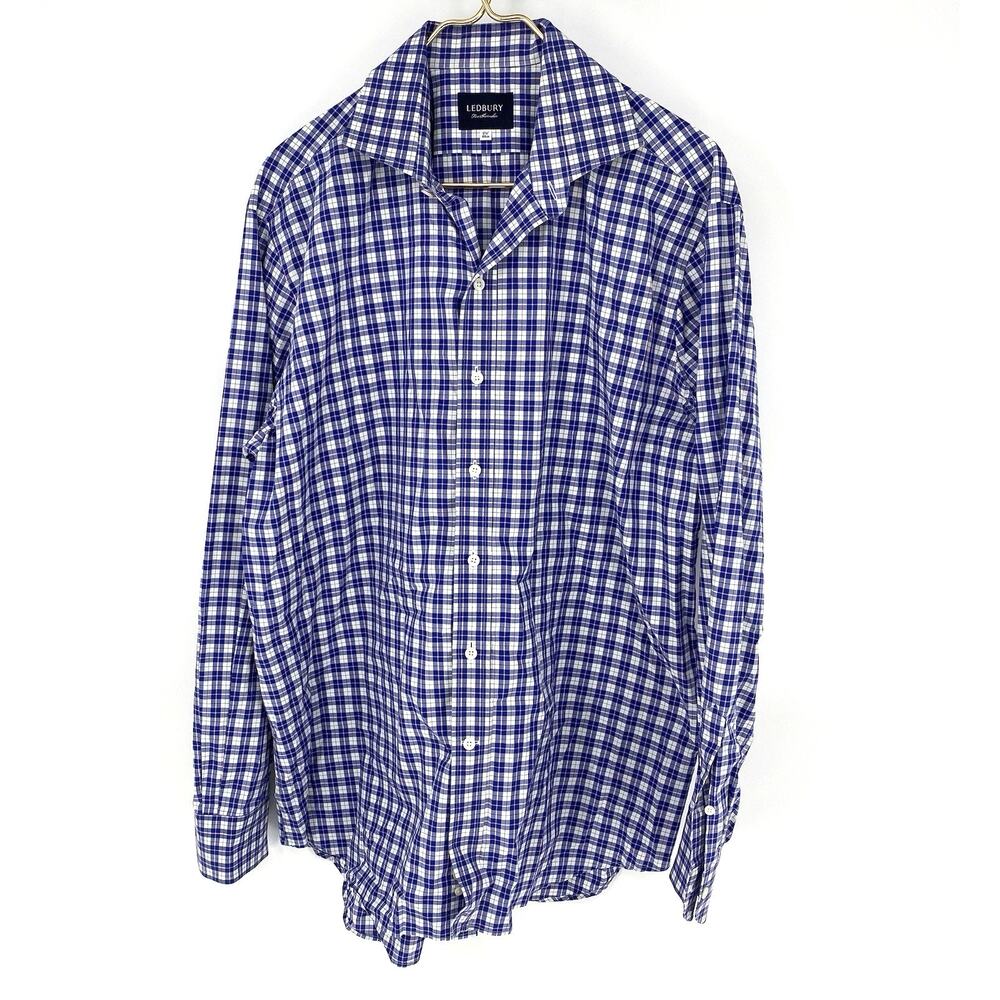 Ledbury Men's Dress Shirt Long Sleeve Piunk and Blue Micro Plaid Size 17.5